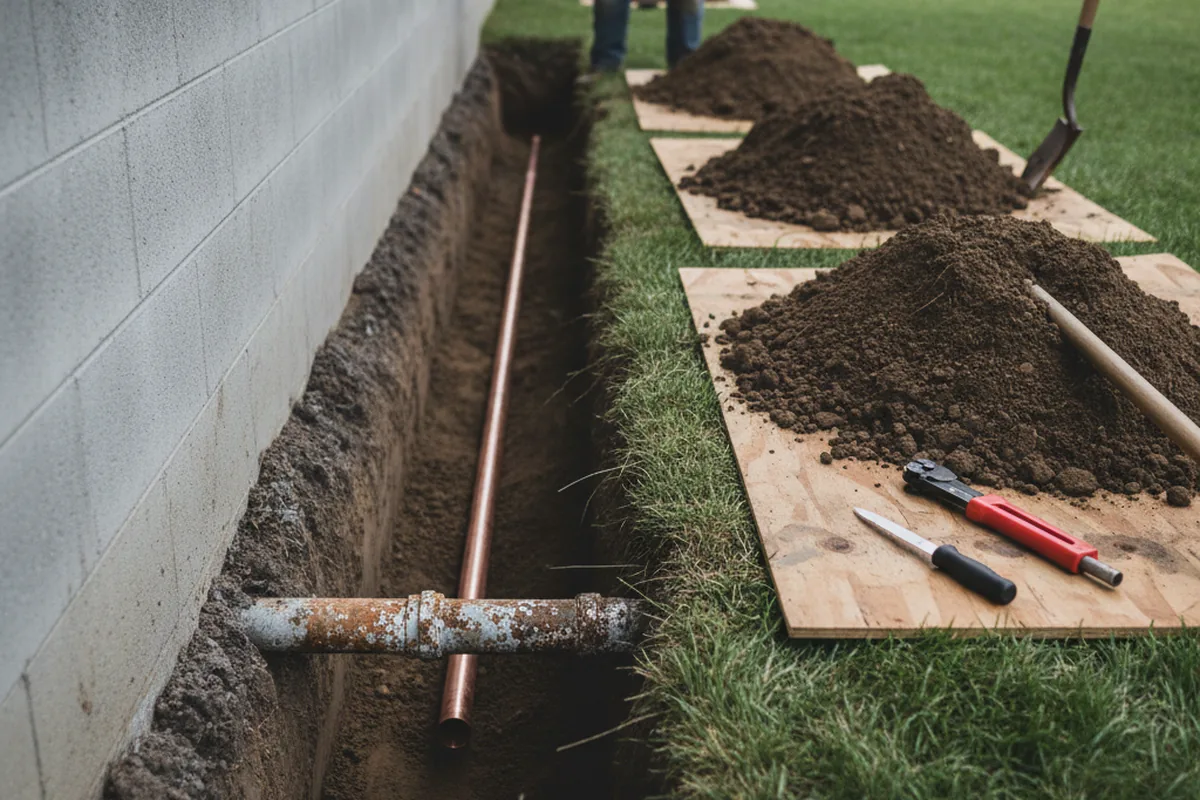 Excavated water line trench during Sewer Line Repair in Radford